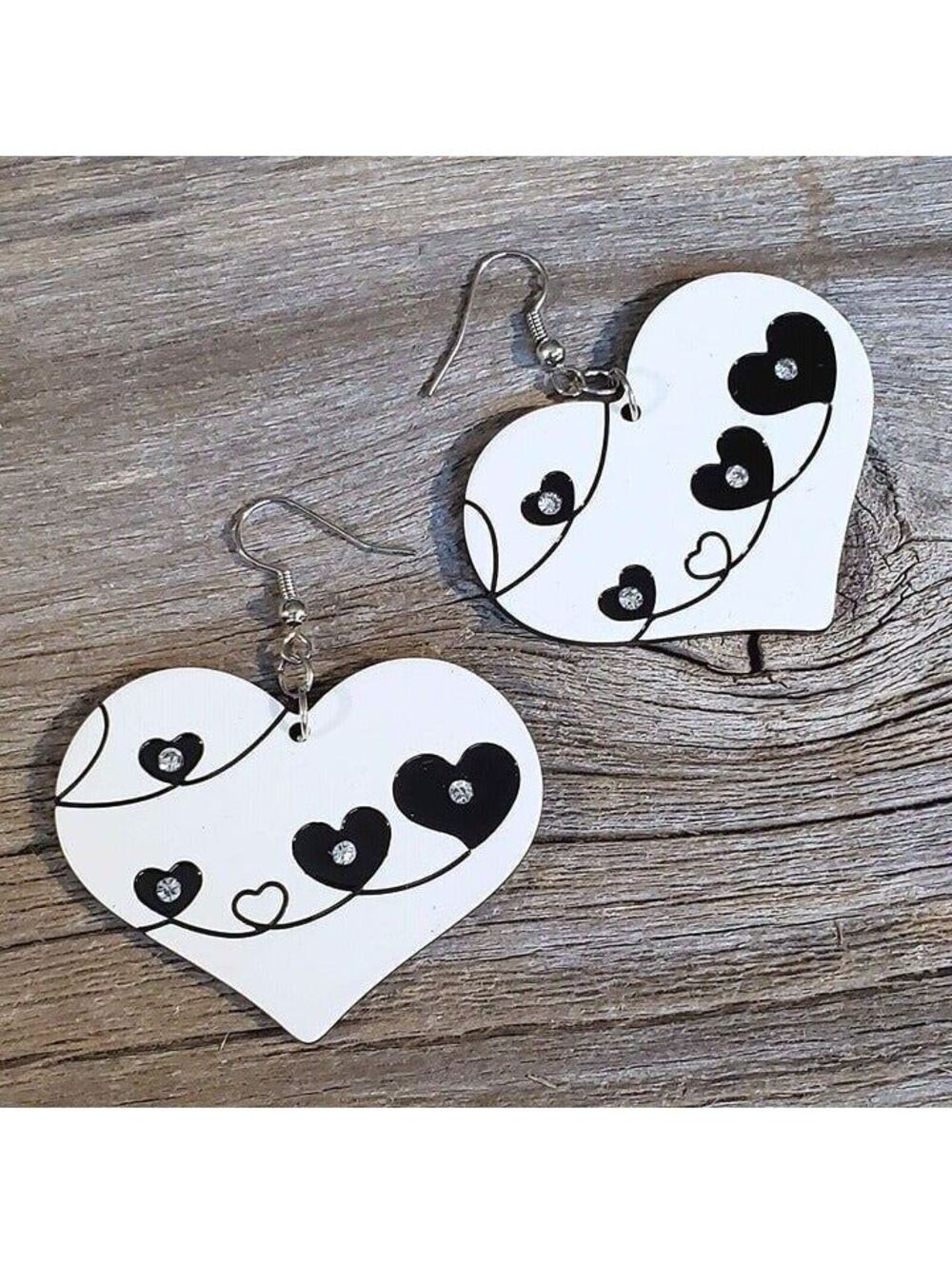 Vintage Y2K White Black Lucite Austrian Crystal Big Little Hearts Earrings